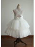 Ivory Lace Tiered Tulle Tea Length Cross Back Flower Girl Dress